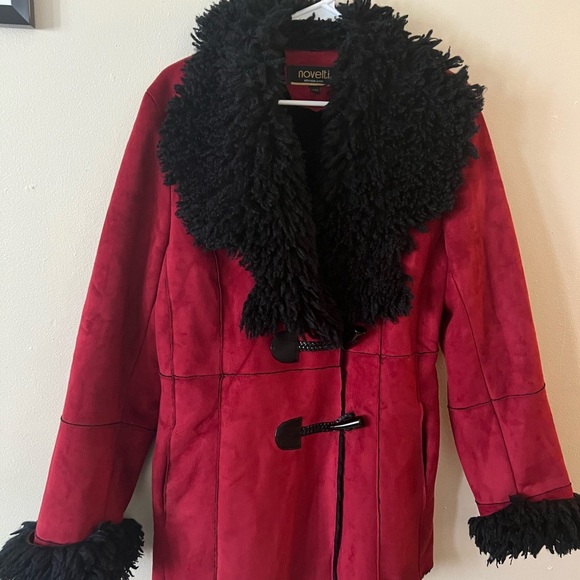 Women's Red Jacket with Black Fur Trim - Picture 1 of 3